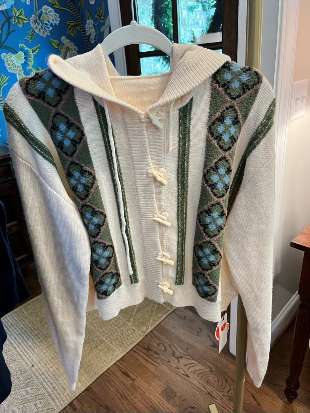 Cider Cream Hooded Toggle Sweater with Green and Blue Accents